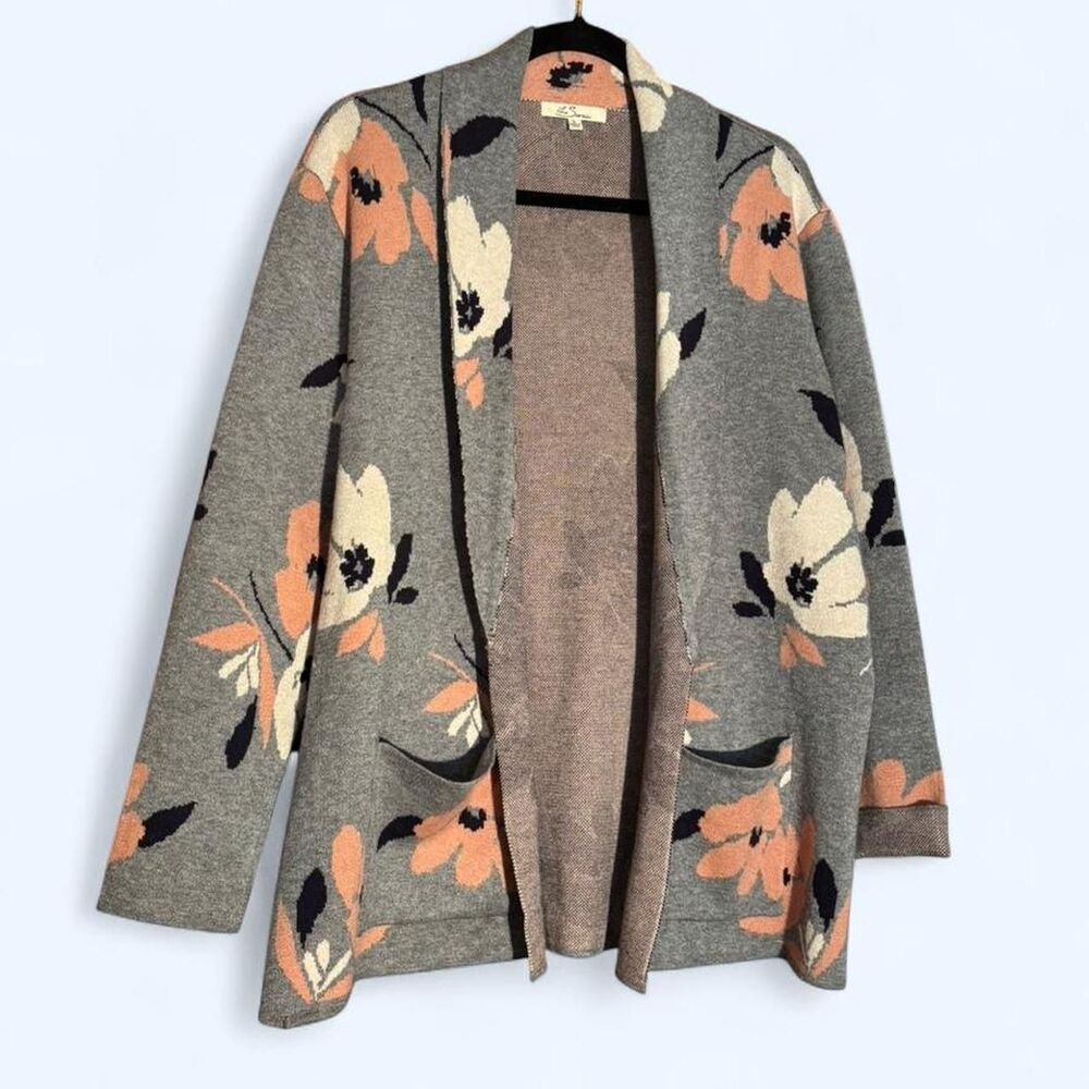Les Serein Floral-Jacquard Women's Grey and Pink Cardigan - Large